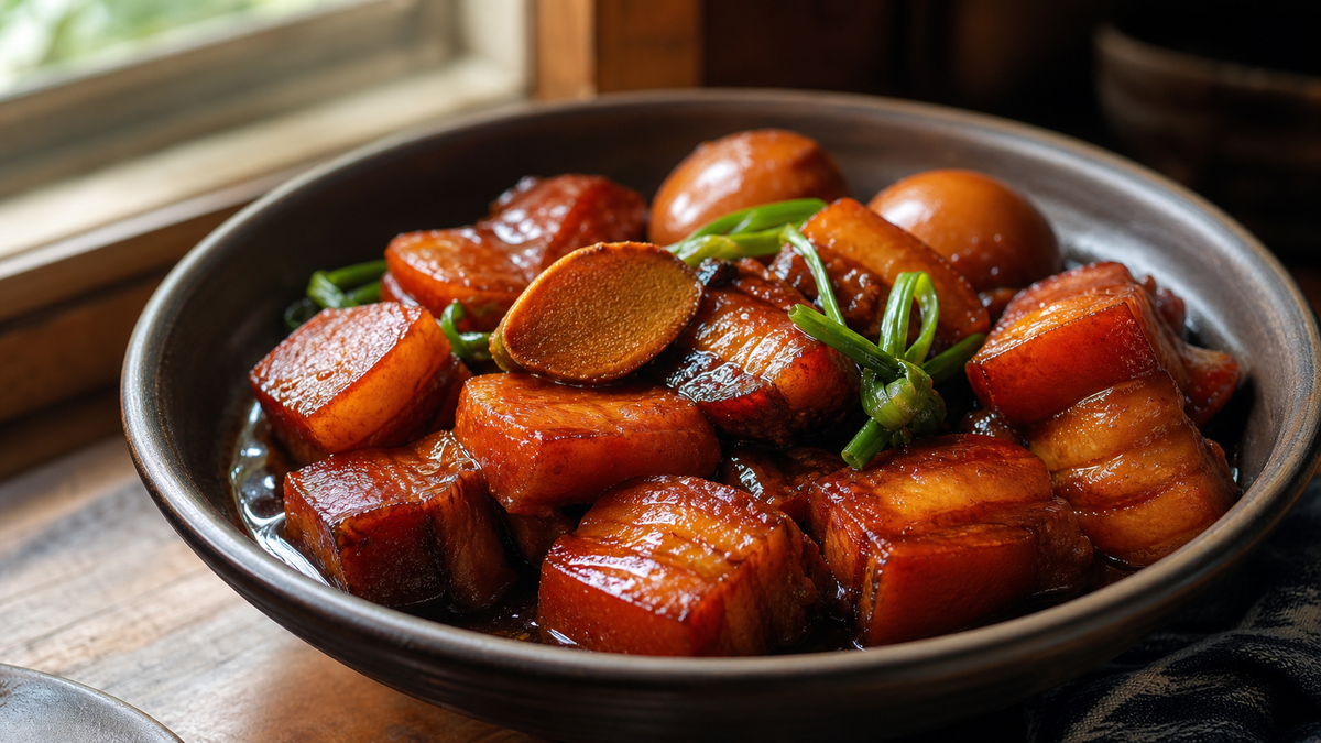 Tender Chinese red-braised pork belly with glossy sauce and braised eggs