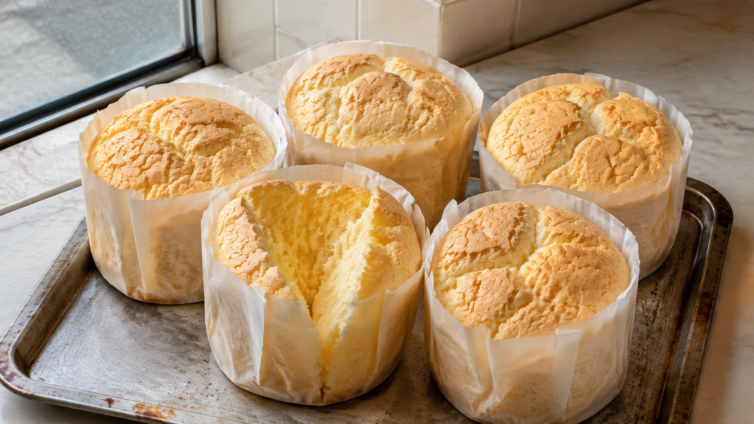 Five golden Hong Kong paper-wrapped sponge cakes in tall parchment collars with one opened to show its fine fluffy crumb