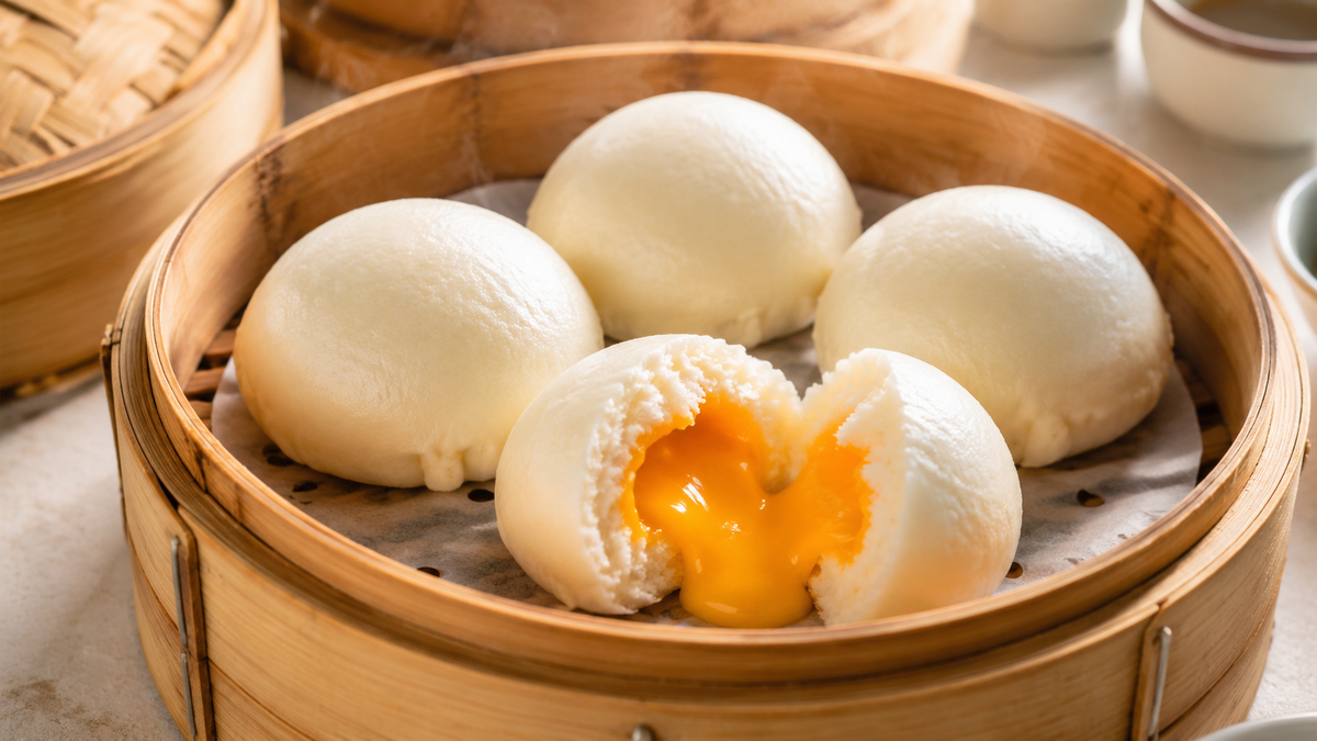 Cantonese liu sha bao in a bamboo steamer with glossy molten salted egg yolk custard filling