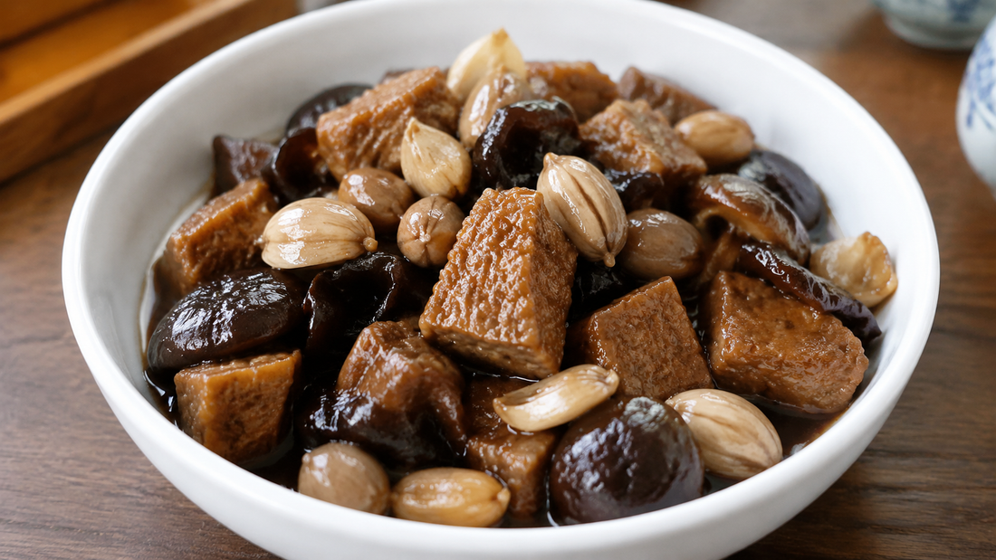 Shanghai four-happiness kaofu with braised wheat gluten, shiitake, wood ear and peanuts
