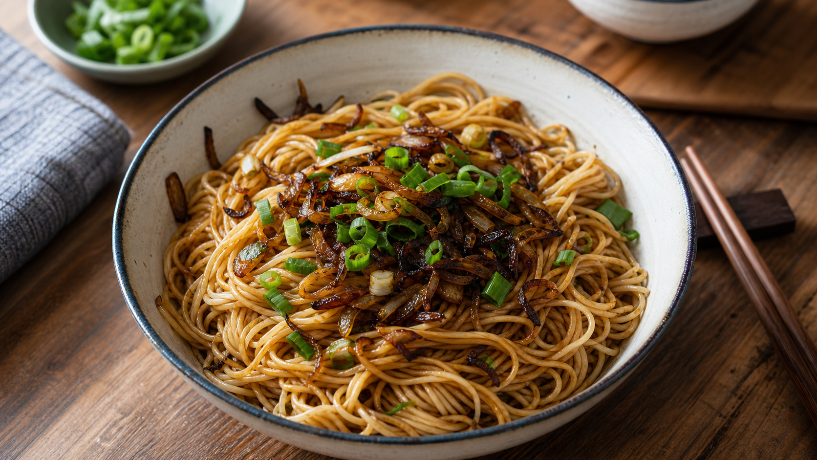 Shanghai scallion oil noodles topped with crisp golden scallions