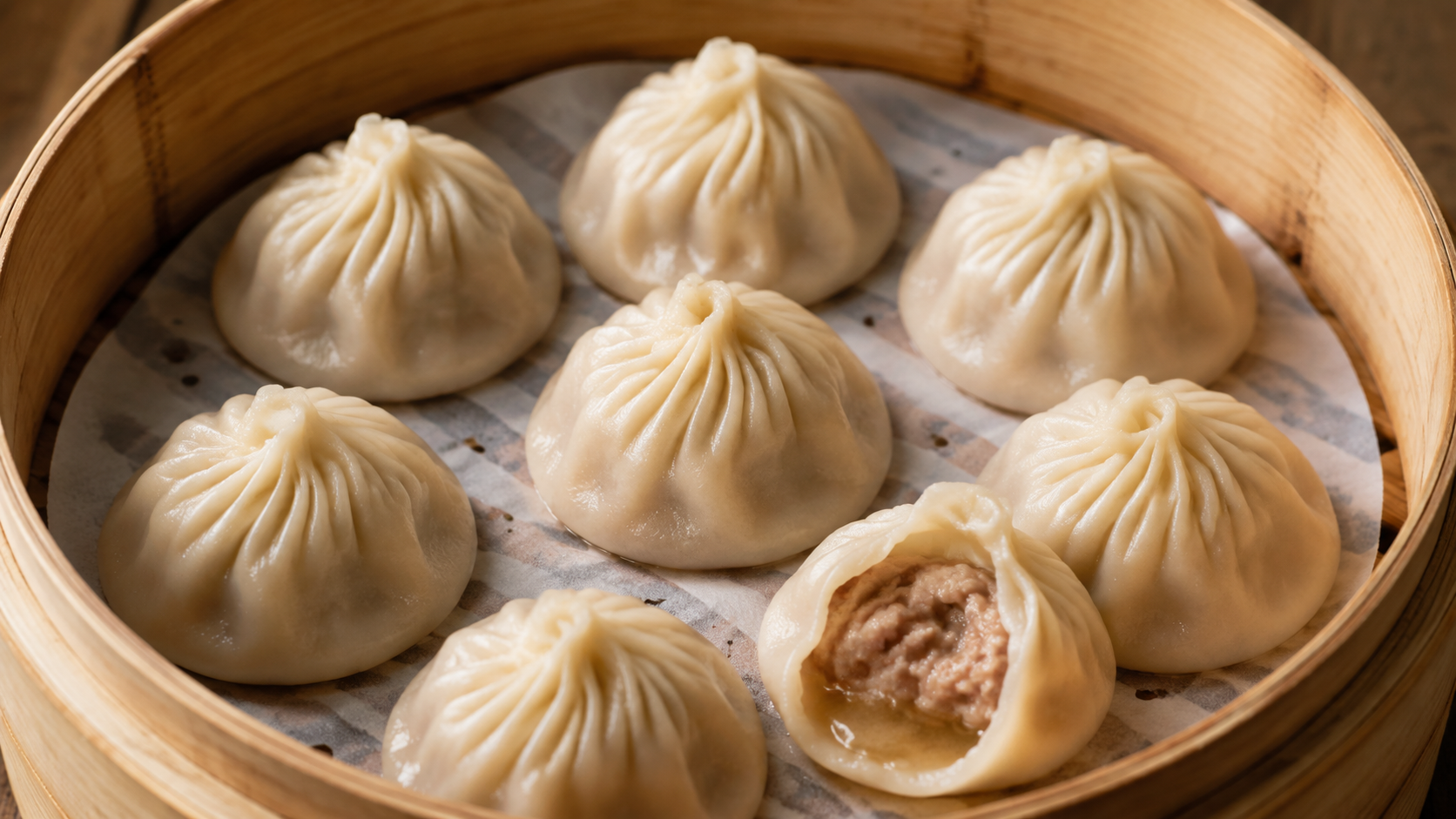 Shanghai xiaolongbao soup dumplings in a bamboo steamer with one opened to show cooked pork and broth