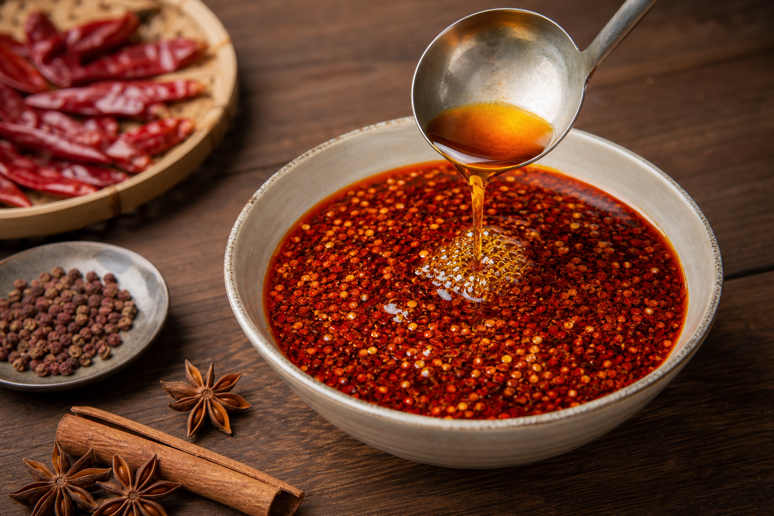 Hot oil being poured over red chili flakes to make homemade Chinese chili oil
