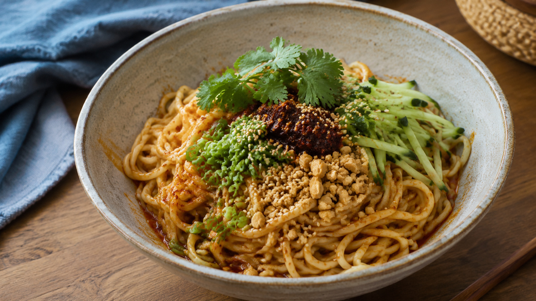 Sichuan cold noodles with sesame chili sauce cucumber peanuts and scallions