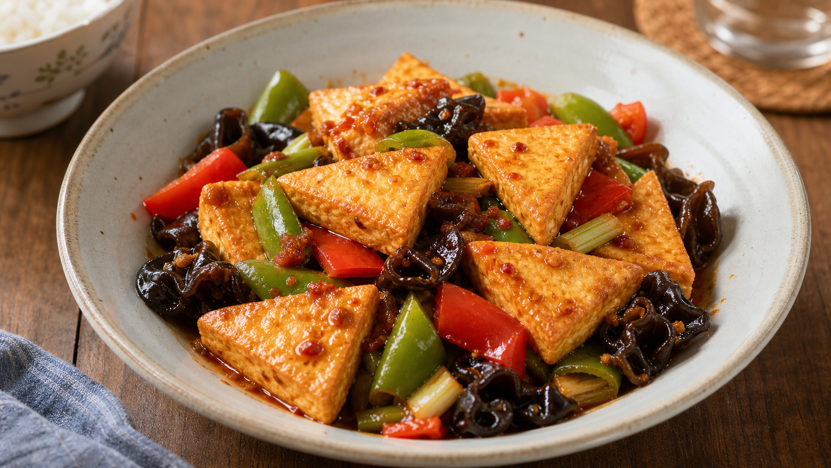 Sichuan home-style braised tofu with peppers wood ear mushrooms and chili bean sauce