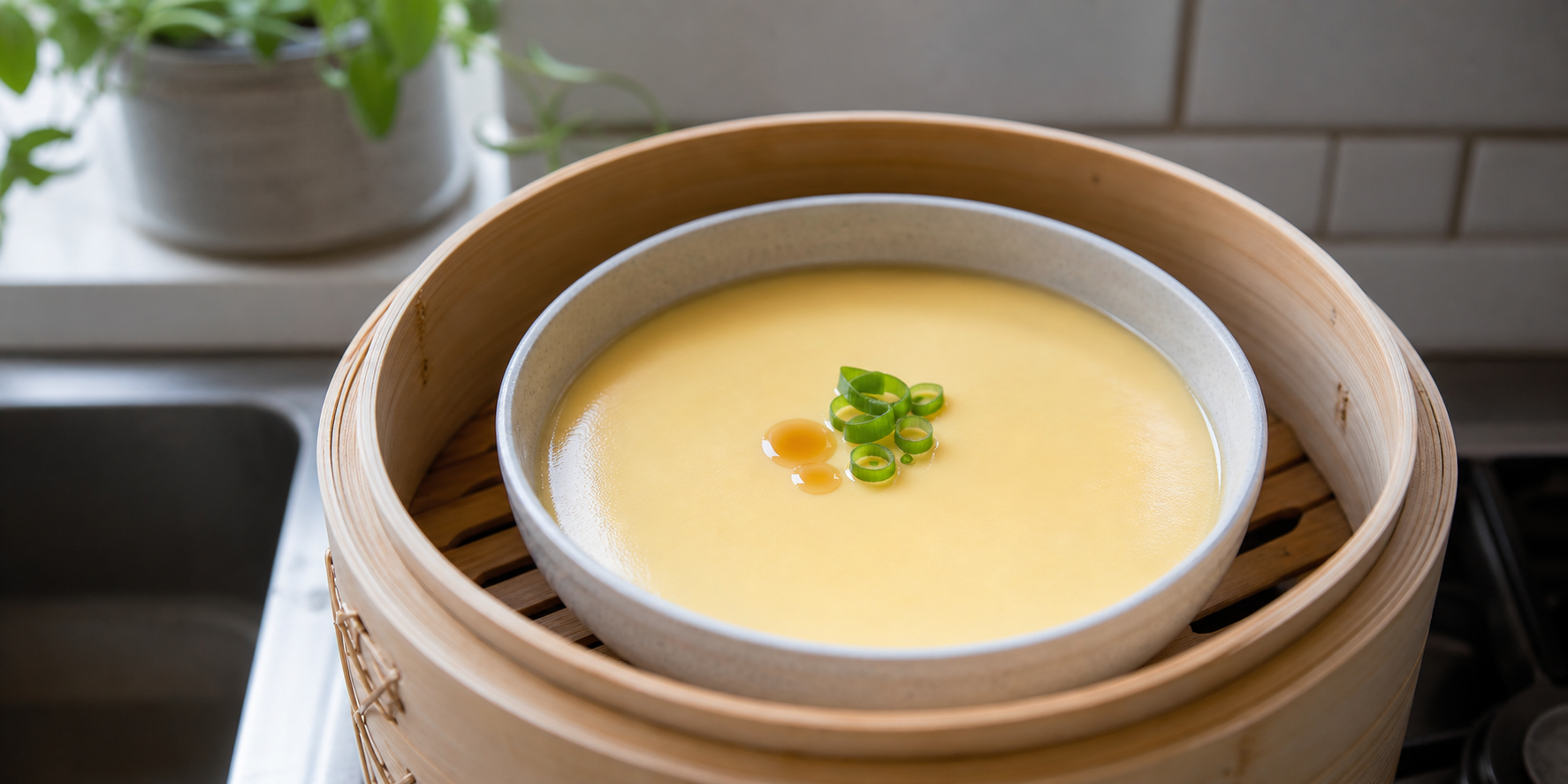 Silky smooth Chinese steamed egg custard in a shallow bowl inside a bamboo steamer