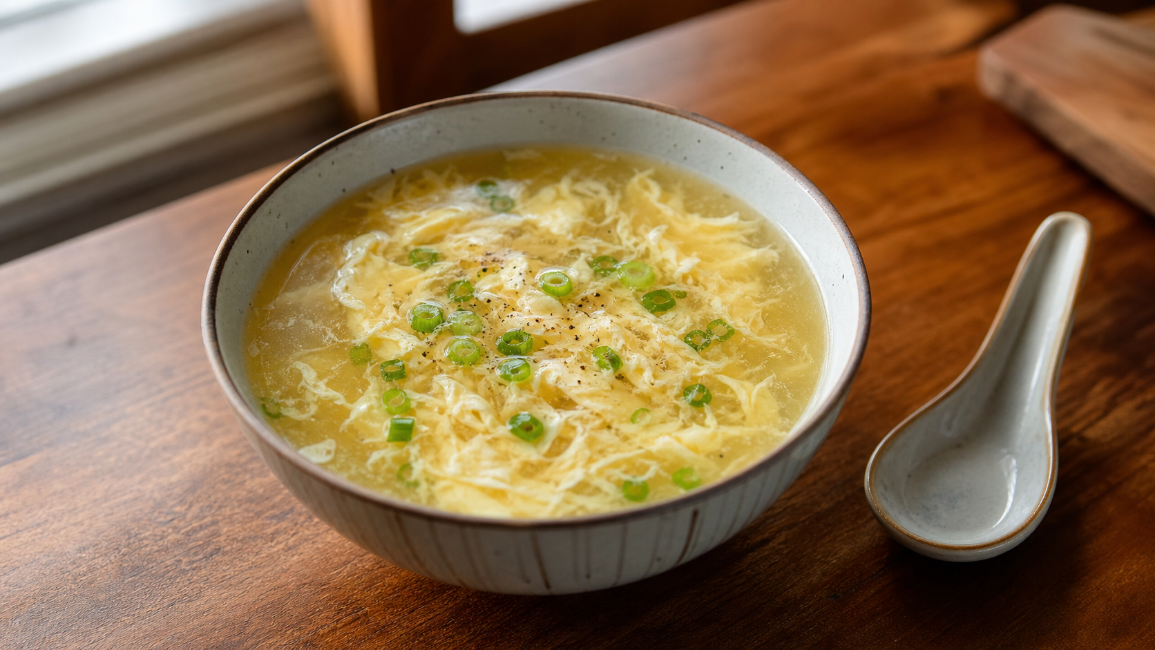 Silky Chinese egg drop soup with long golden egg ribbons and scallions