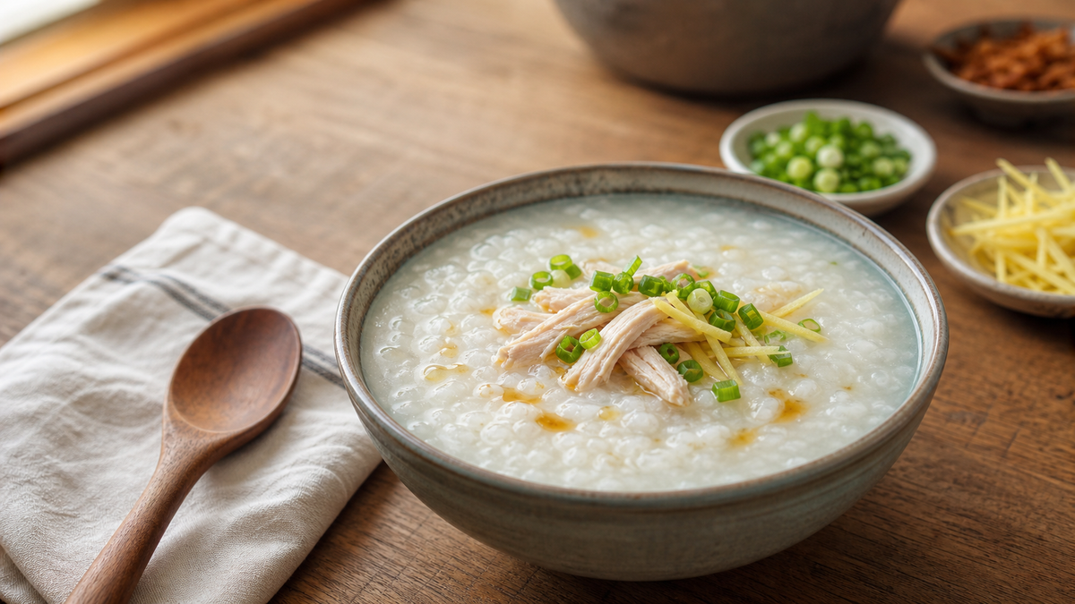 Smooth homemade Chinese congee with chicken, ginger and scallions