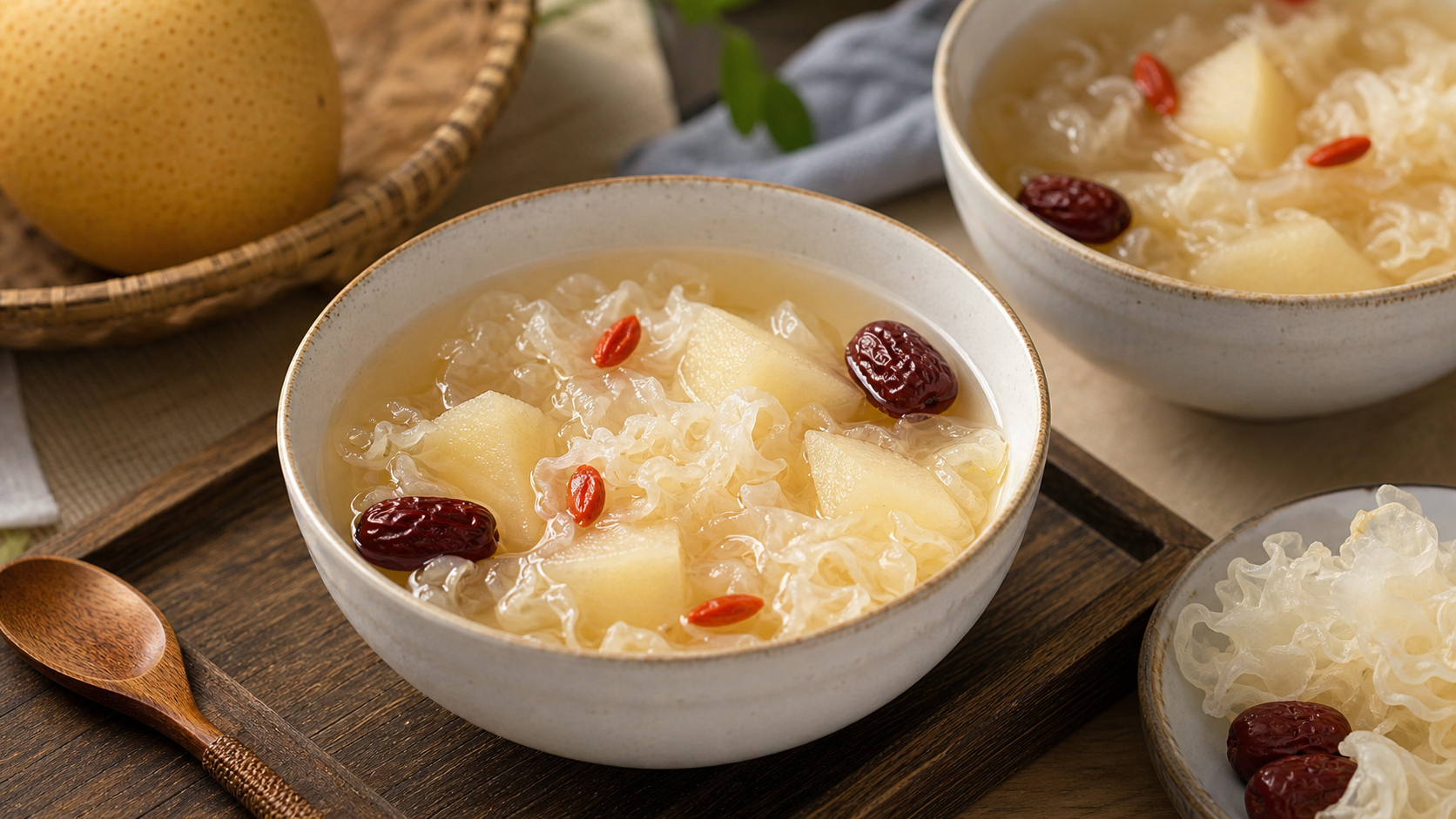 Chinese snow fungus and Asian pear dessert soup with red dates and goji berries