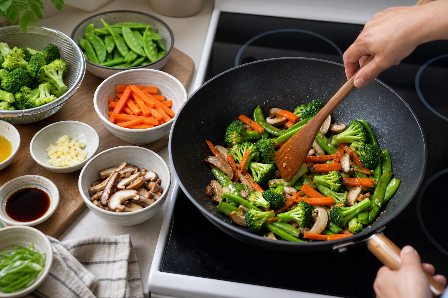 Crisp colorful Chinese vegetable stir-fry cooking in a wide wok with no pooled liquid