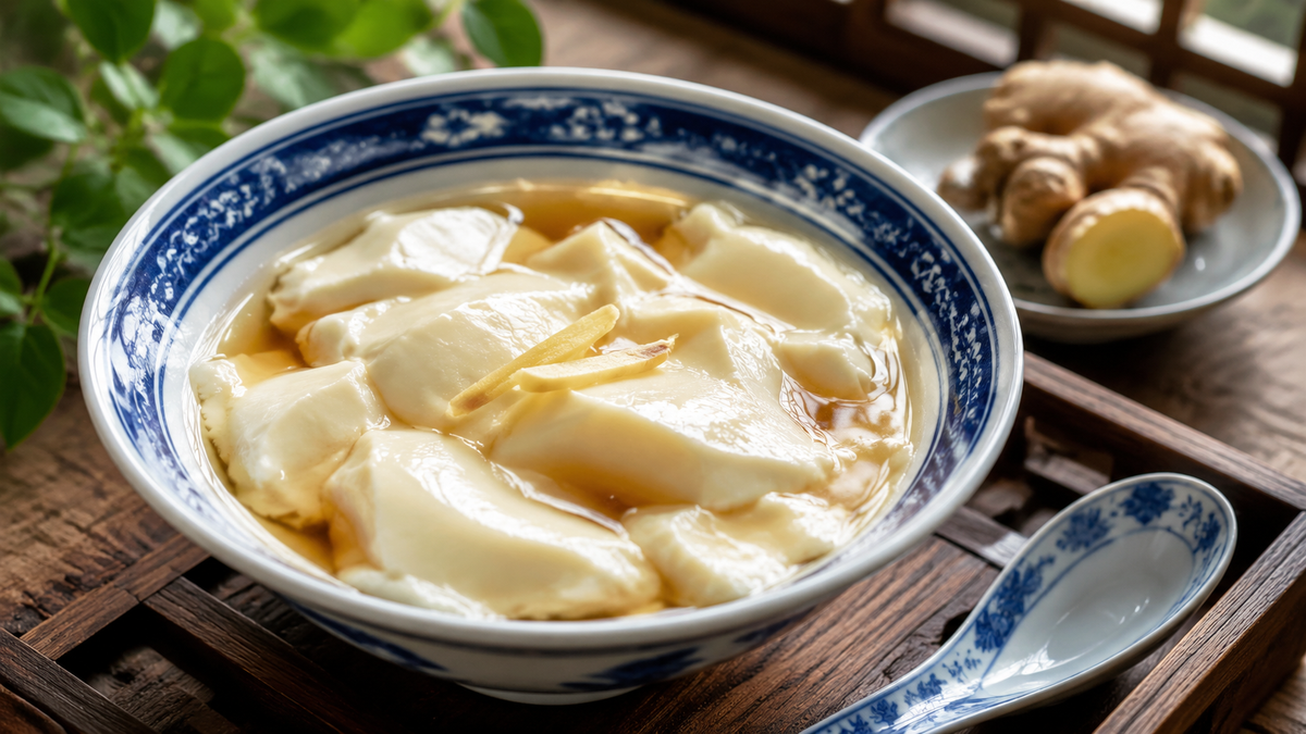Silky sweet douhua tofu pudding in delicate wide curds with amber ginger syrup and thin ginger slivers