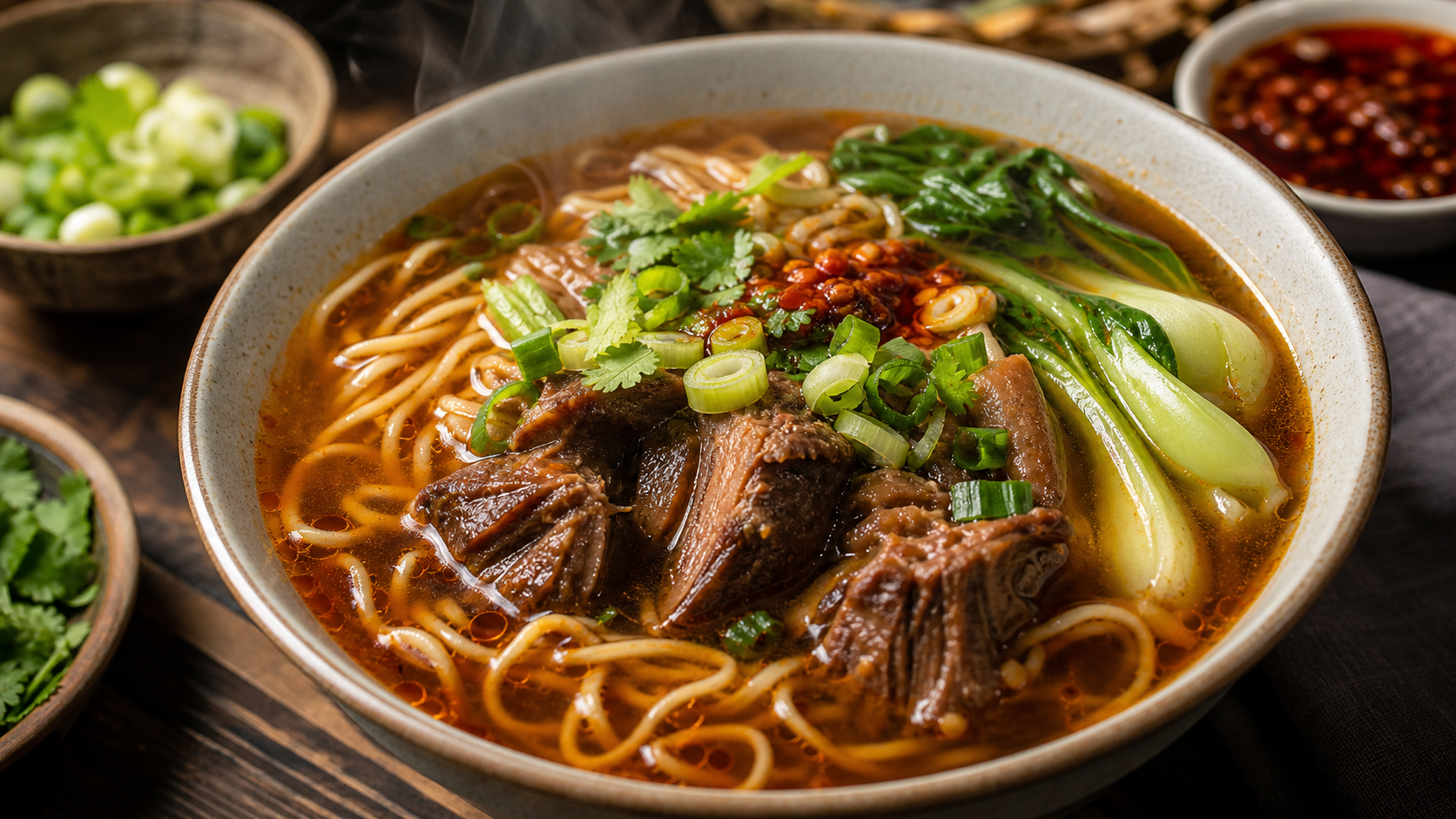 Taiwanese beef noodle soup with tender beef, wheat noodles and bok choy