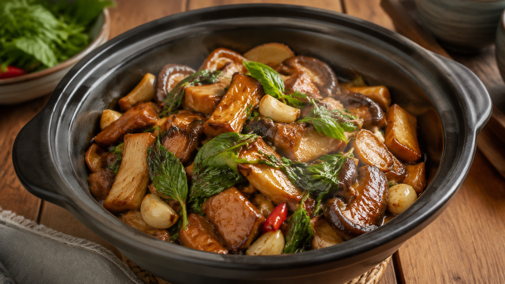 Taiwanese three-cup king oyster and shiitake mushrooms with garlic, chili and Thai basil in a clay pot