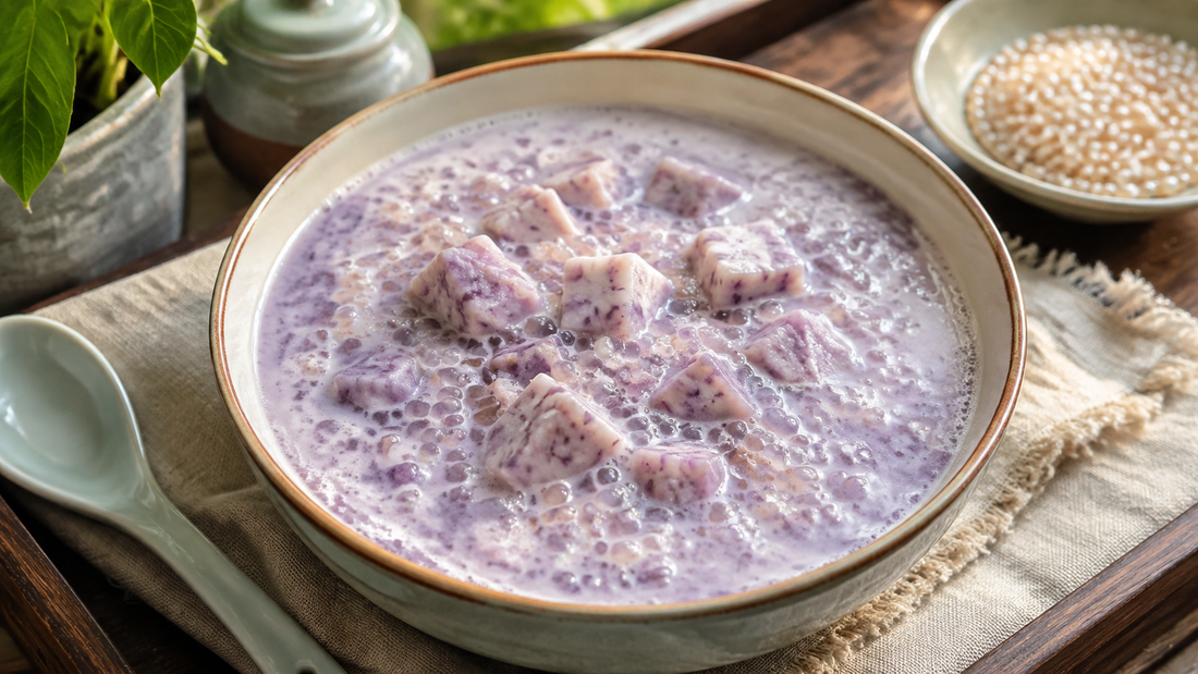 Creamy taro sago dessert with tender purple-speckled taro cubes, translucent small sago pearls and coconut milk