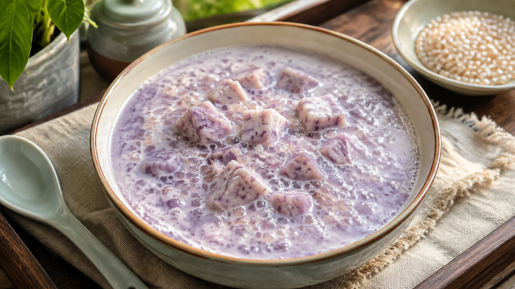 Creamy taro sago dessert with tender purple-speckled taro cubes, translucent small sago pearls and coconut milk