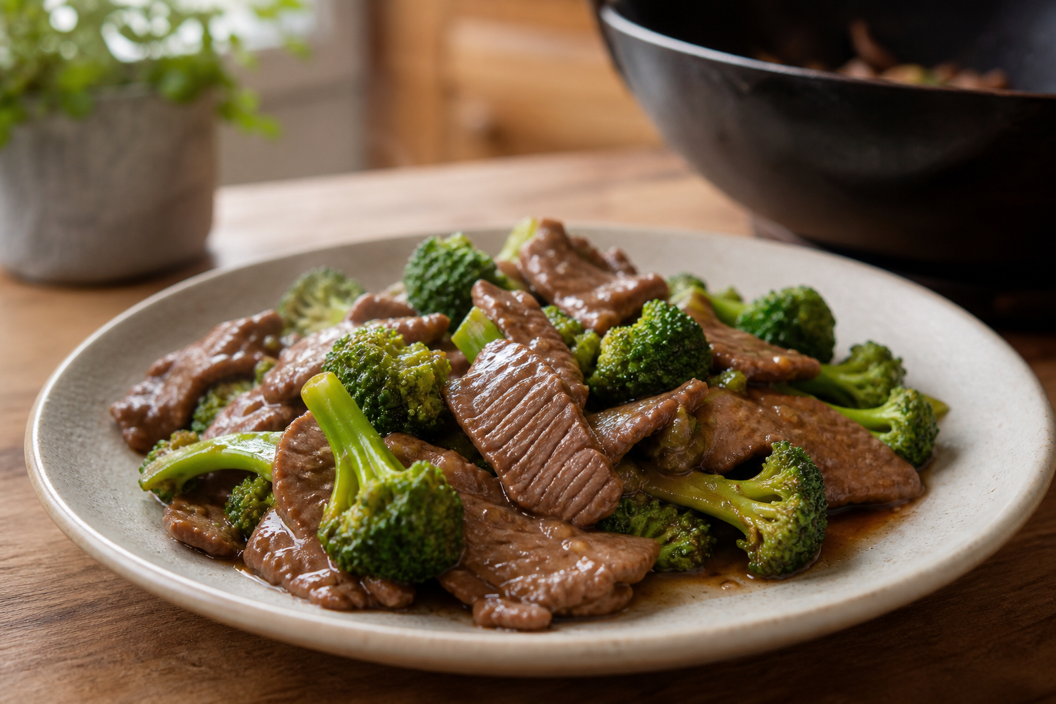 Tender Chinese beef and broccoli stir-fry with glossy sauce on a ceramic plate