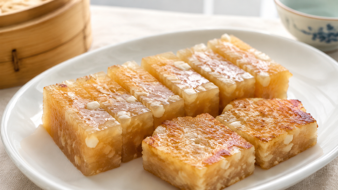 Translucent amber Cantonese water chestnut cake slices with crisp white water chestnut pieces and two golden pan-seared slices