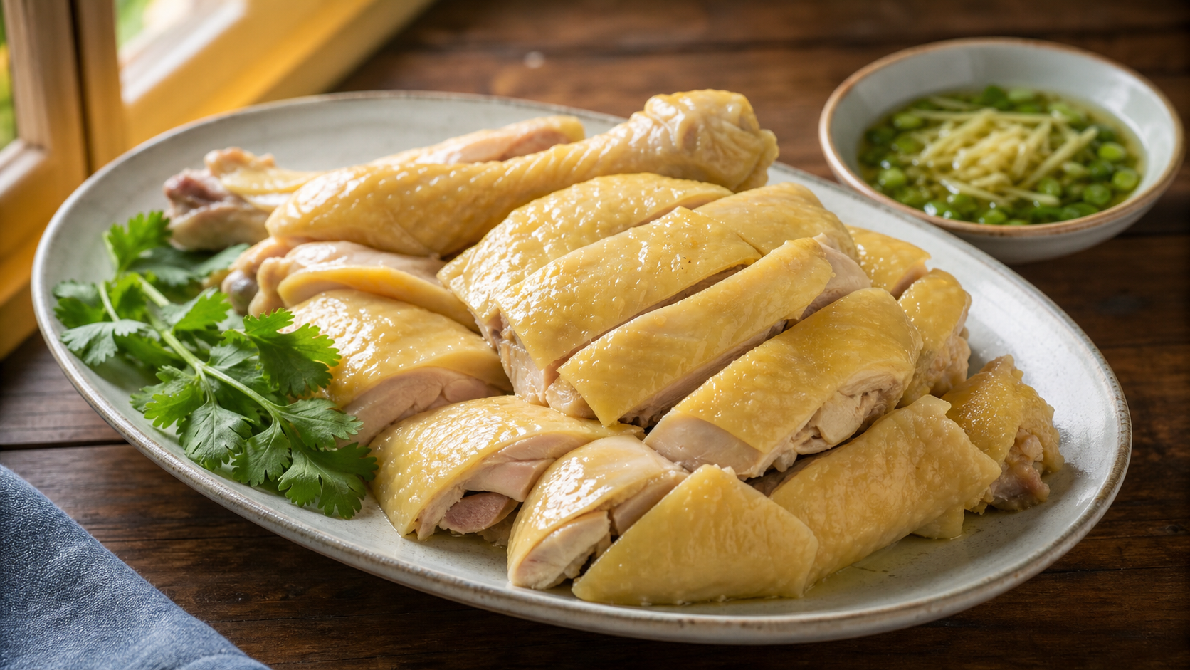 Juicy Cantonese white-cut chicken with smooth skin and ginger-scallion oil