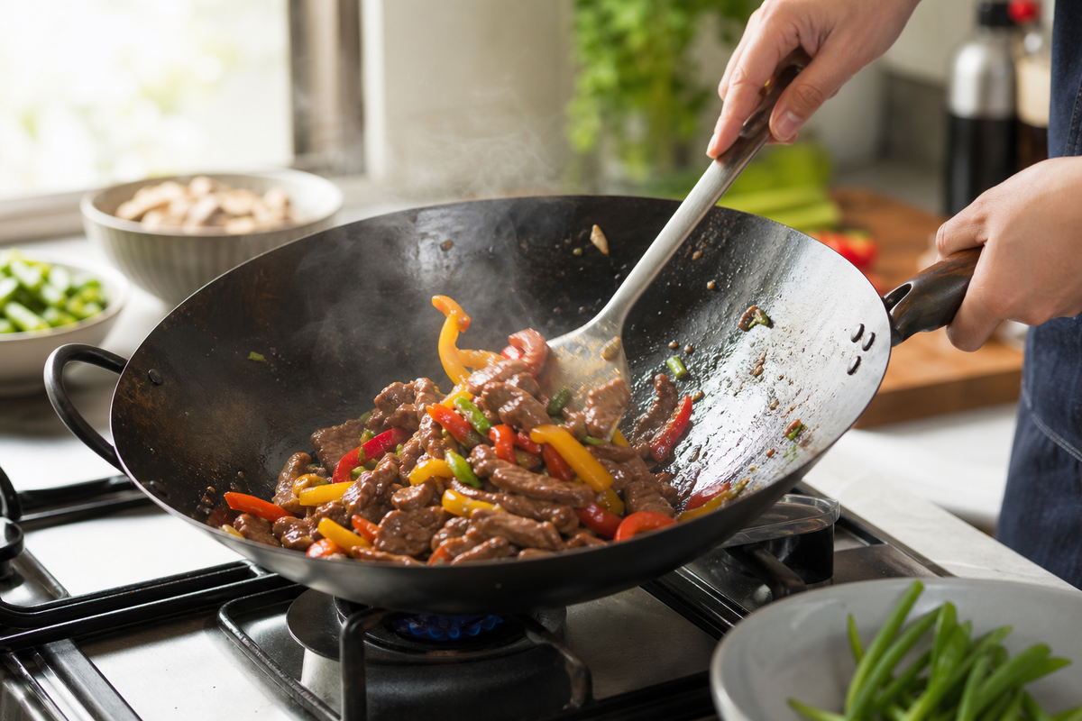 Home cook tossing a small batch of colorful Chinese stir-fry in a carbon-steel wok over a kitchen stove