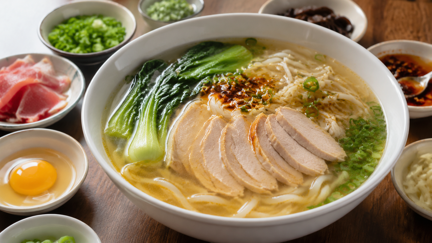 Yunnan crossing-the-bridge rice noodle soup with cooked chicken, bok choy, bean sprouts and chili oil